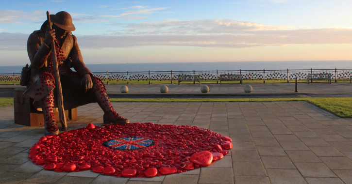 View of Tommy sculpture at Seaham seafront with North Sea in background.
